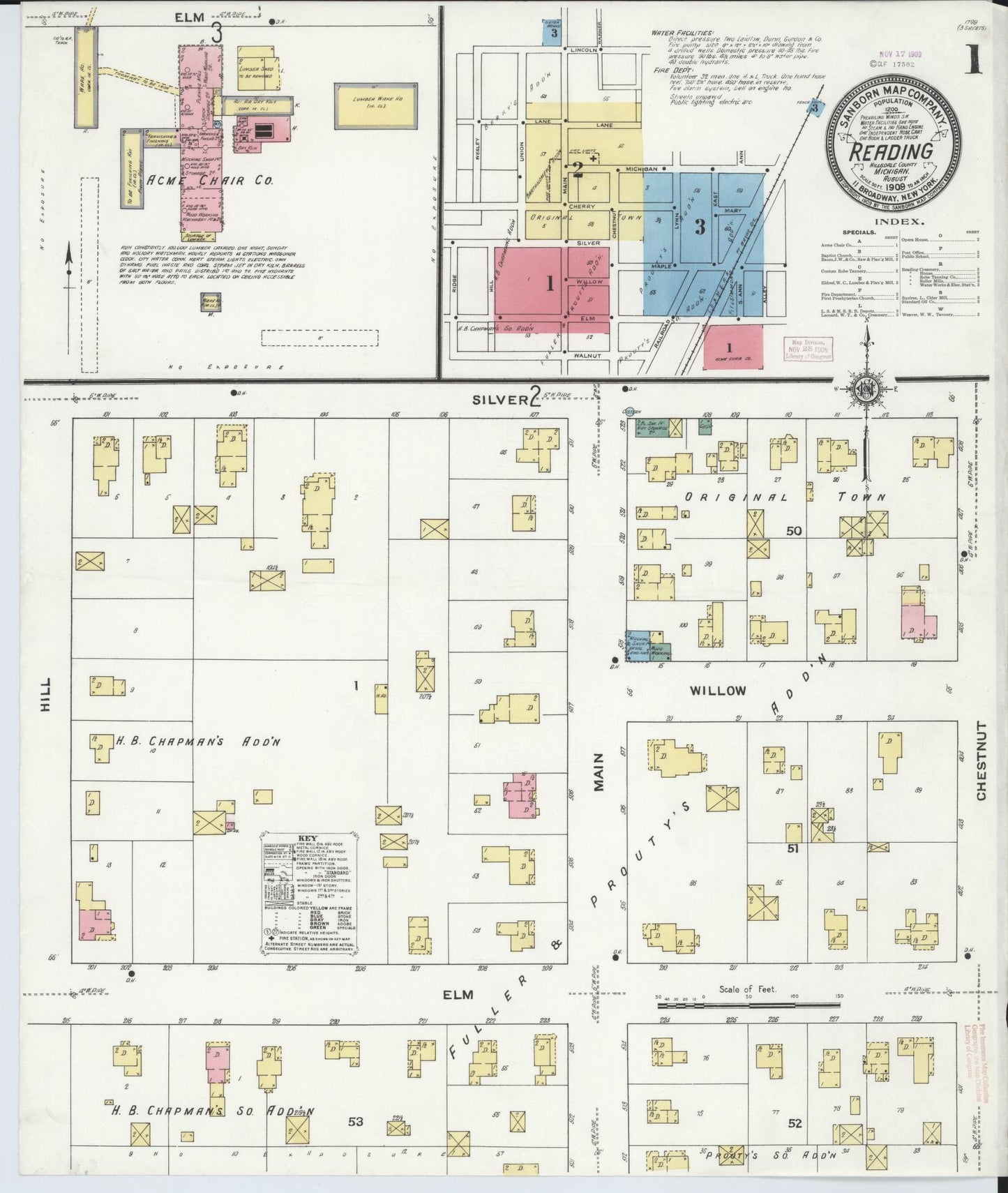 Sanborn Fire Insurance Map from Reading, Hillsdale County, Michigan (1909), Sheet #0001 - Complete Map Set gallery image, historic Sanborn map, vintage wall art, Michigan Michigan