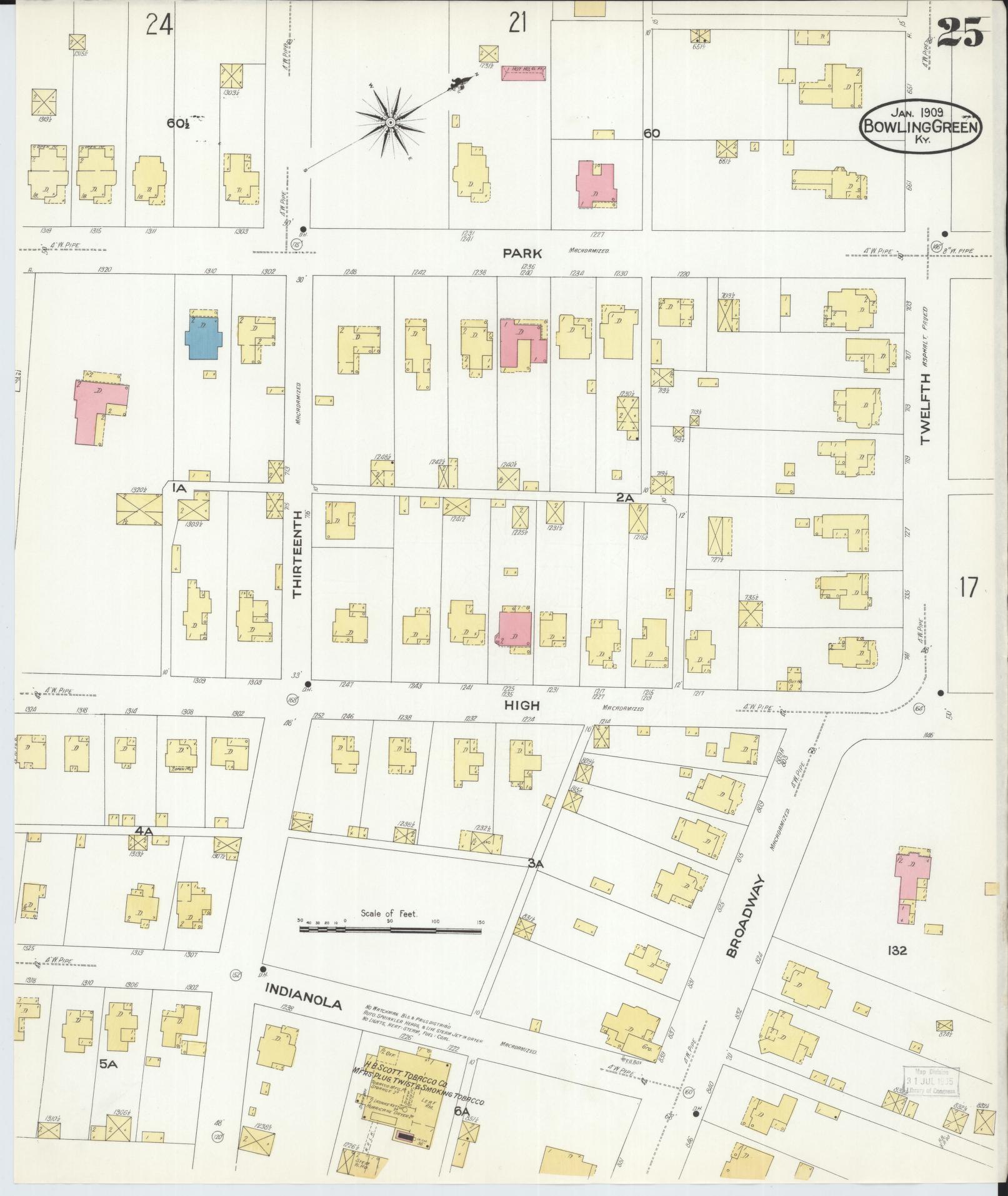 Sanborn Fire Insurance Map from Bowling Green, Warren County, Kentucky (1909), Sheet #0025 - Complete Map Set gallery image, historic Sanborn map, vintage wall art, Kentucky Kentucky