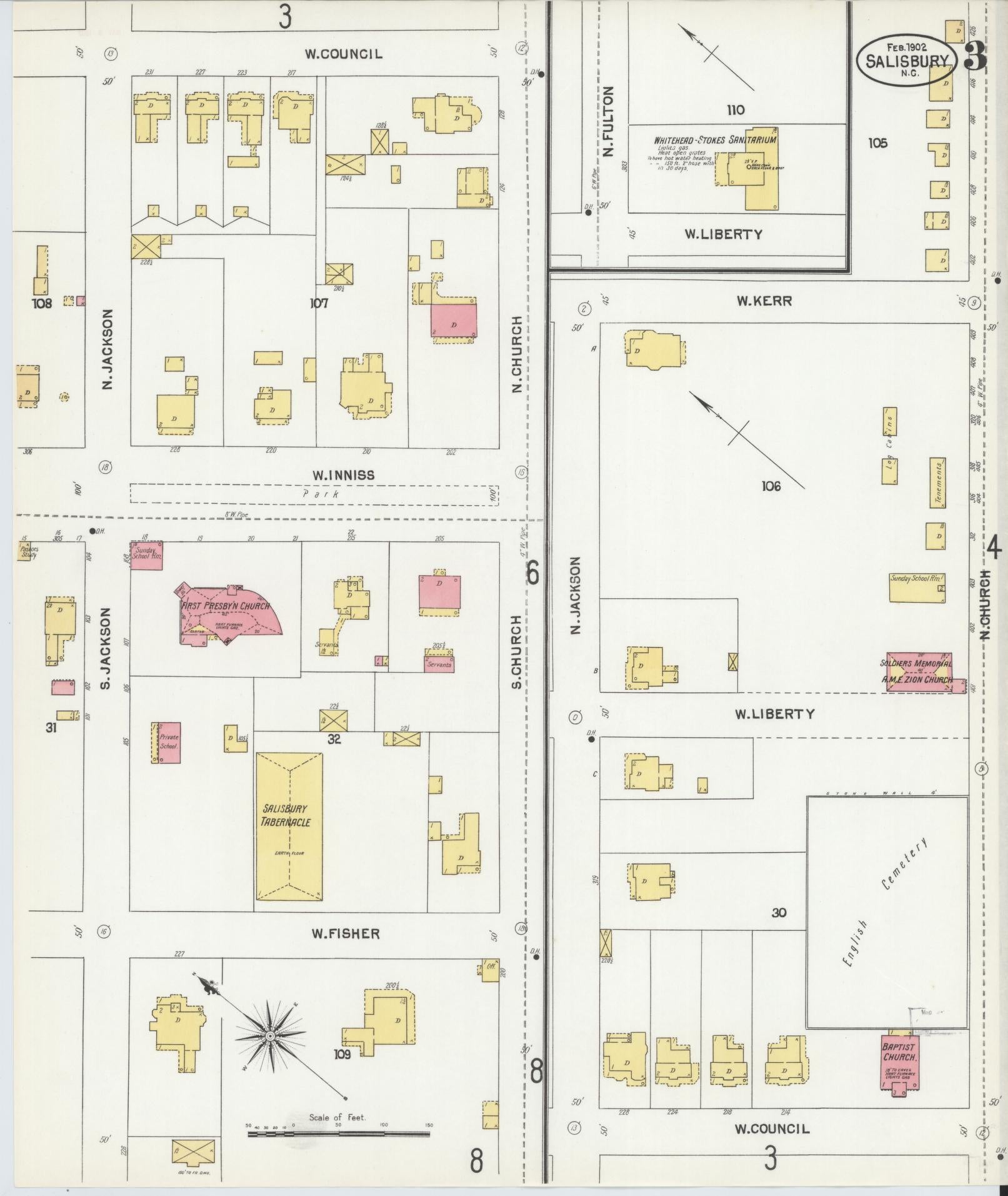 Sanborn Fire Insurance Map from Salisbury, Rowan County, North Carolina (1902), Sheet #0003 - Complete Map Set gallery image, historic Sanborn map, vintage wall art, North Carolina North Carolina