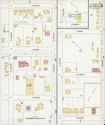 Sanborn Fire Insurance Map from Salisbury, Rowan County, North Carolina (1902), Sheet #0003 - Complete Map Set gallery image, historic Sanborn map, vintage wall art, North Carolina North Carolina