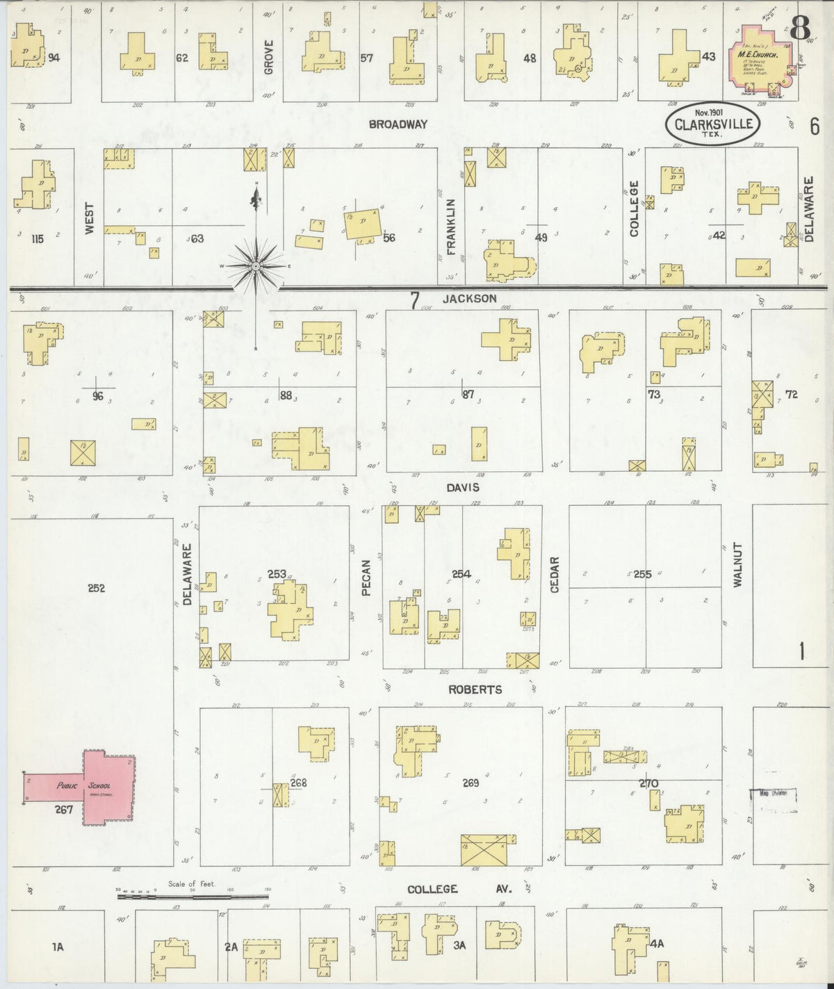 Sanborn Fire Insurance Map from Clarksville, Red River County, Texas (1901), Sheet #0008 - Historic Sanborn Fire Insurance Map Print, vintage old map wall art, antique decor, genealogy gift, Texas Texas map