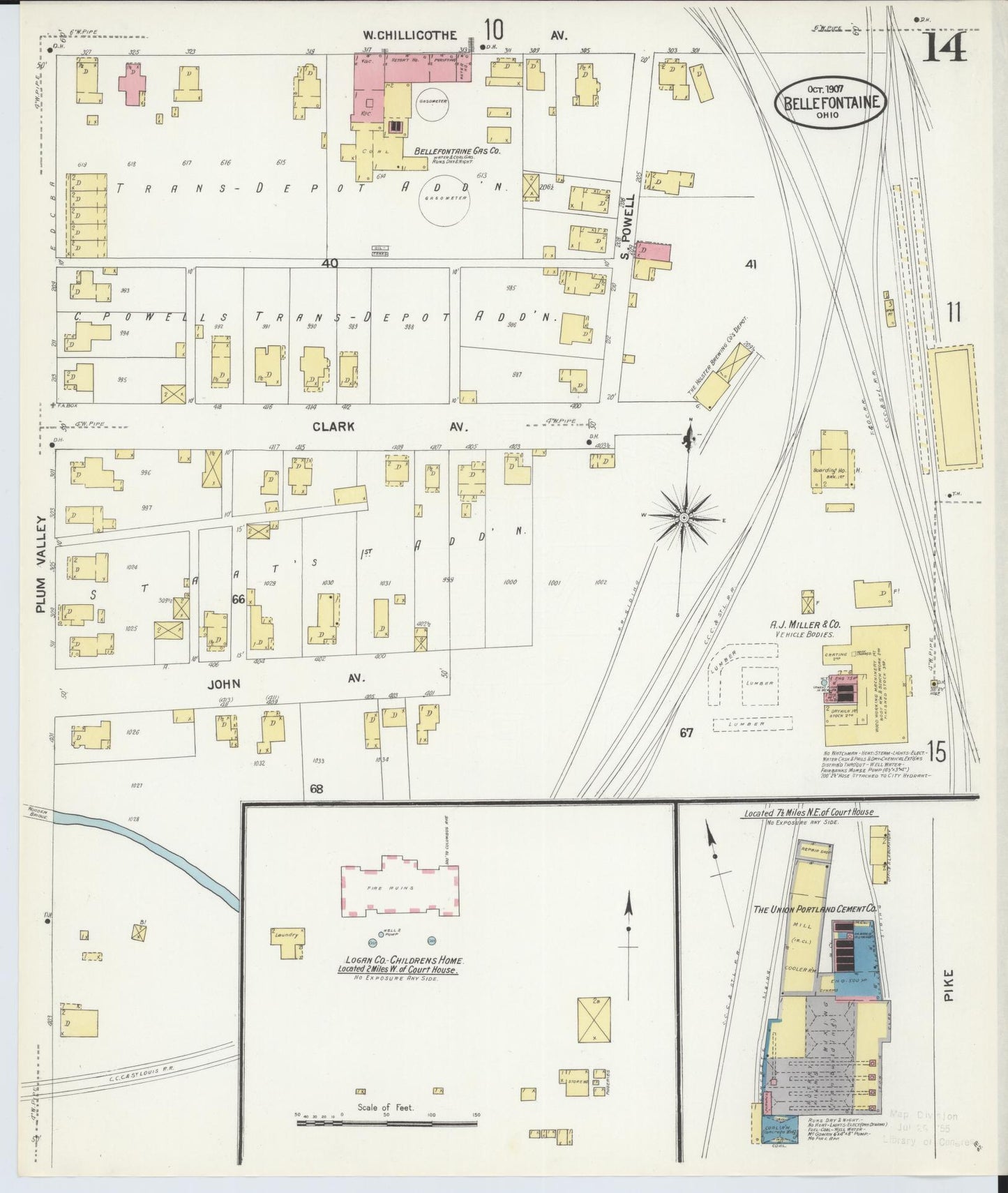 Sanborn Fire Insurance Map from Bellefontaine, Logan County, Ohio (1907), Sheet #0014 - Historic Sanborn Fire Insurance Map Print, vintage old map wall art, antique decor, genealogy gift, Ohio Ohio map