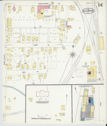 Sanborn Fire Insurance Map from Bellefontaine, Logan County, Ohio (1907), Sheet #0014 - Historic Sanborn Fire Insurance Map Print, vintage old map wall art, antique decor, genealogy gift, Ohio Ohio map