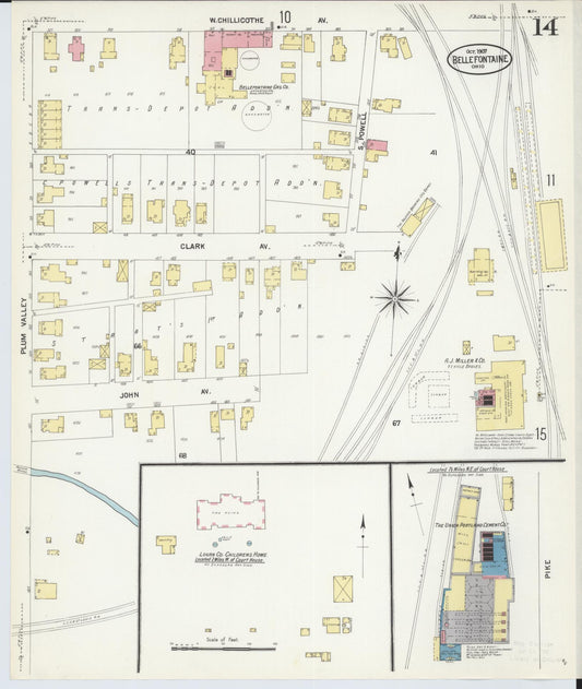 Sanborn Fire Insurance Map from Bellefontaine, Logan County, Ohio (1907), Sheet #0014 - Historic Sanborn Fire Insurance Map Print, vintage old map wall art, antique decor, genealogy gift, Ohio Ohio map