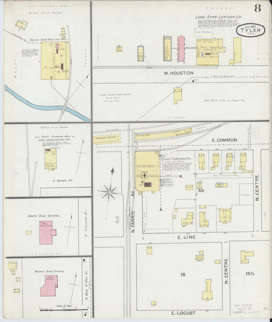Sanborn Fire Insurance Map from Tyler, Smith County, Texas (1893), Sheet #0008 - Historic Sanborn Fire Insurance Map Print, vintage old map wall art, antique decor, genealogy gift, Texas Texas map