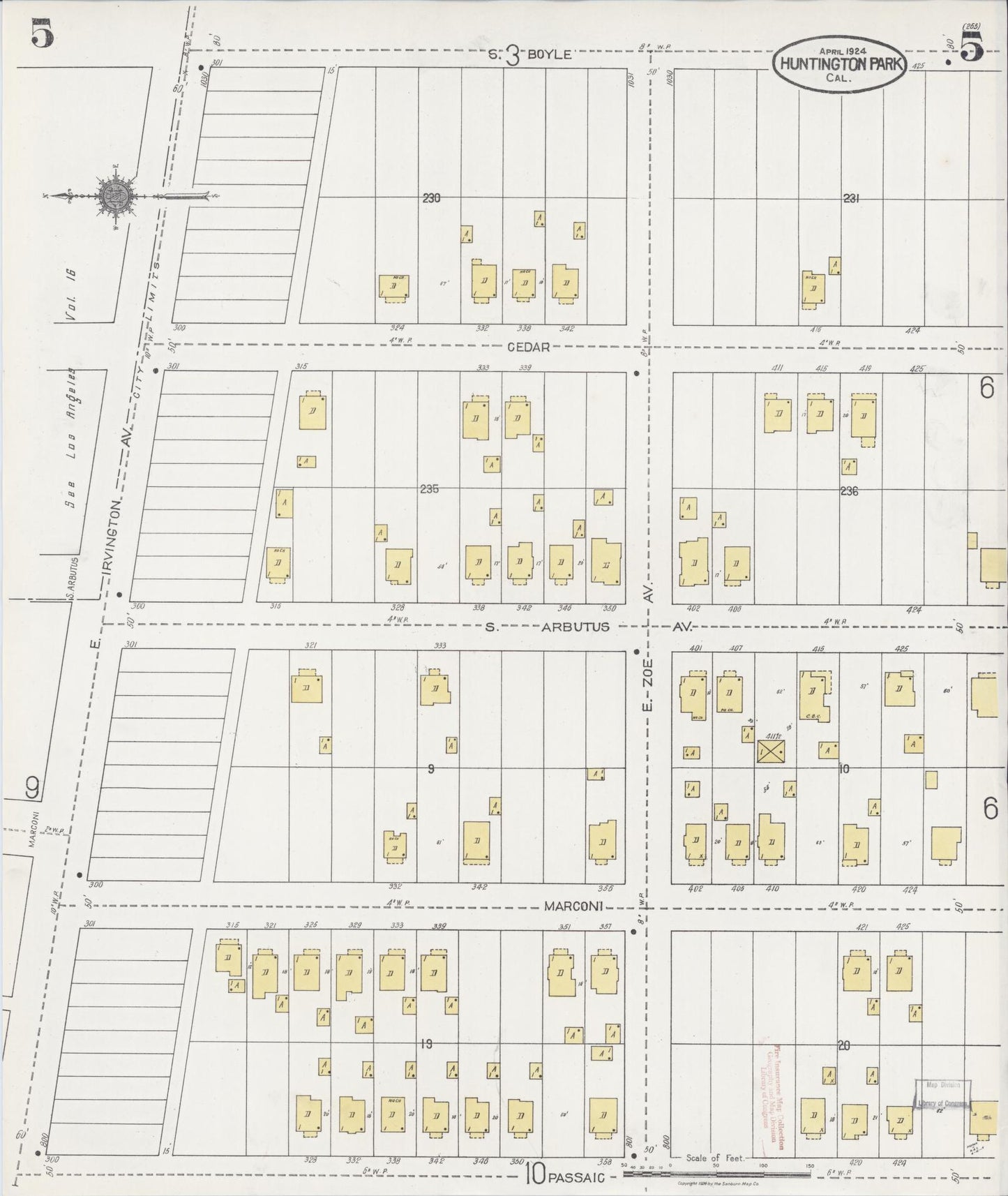Sanborn Fire Insurance Map from Huntington Park, Los Angeles County, California (1924), Sheet #0005 - Historic Sanborn Fire Insurance Map Print, vintage old map wall art, antique decor, genealogy gift, California California map