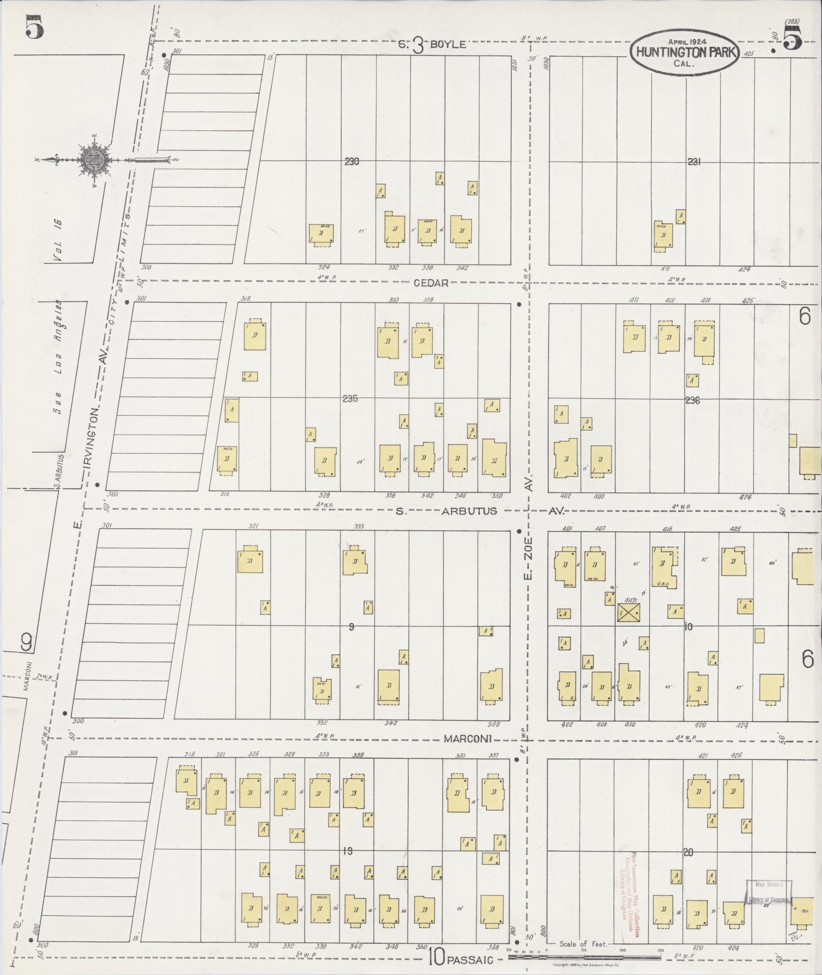 Sanborn Fire Insurance Map from Huntington Park, Los Angeles County, California (1924), Sheet #0005 - Historic Sanborn Fire Insurance Map Print, vintage old map wall art, antique decor, genealogy gift, California California map