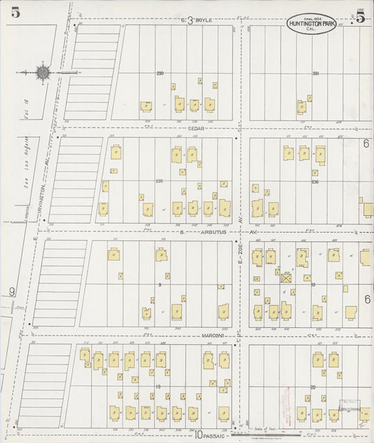 Sanborn Fire Insurance Map from Huntington Park, Los Angeles County, California (1924), Sheet #0005 - Historic Sanborn Fire Insurance Map Print, vintage old map wall art, antique decor, genealogy gift, California California map