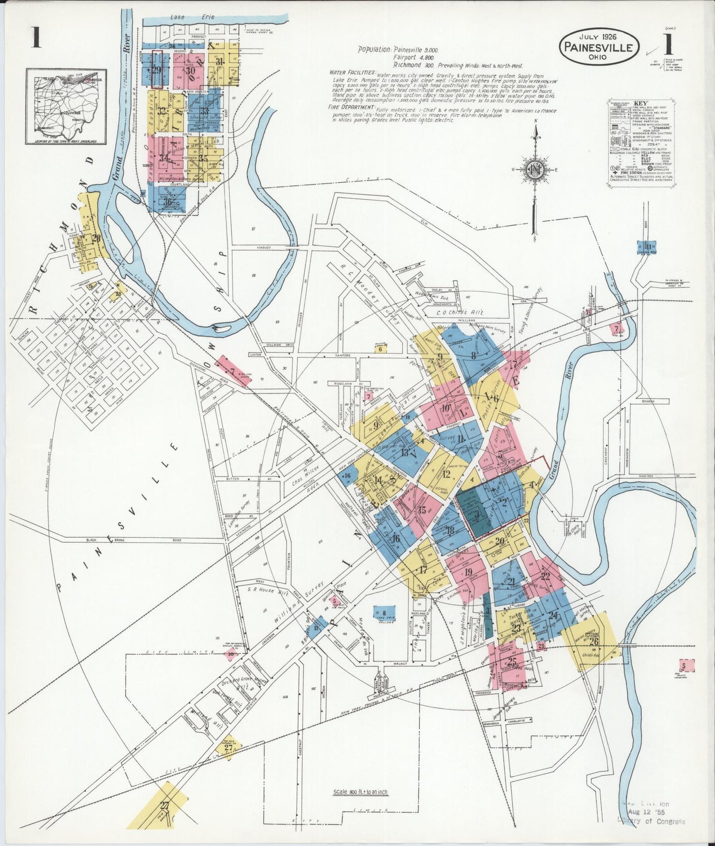 Sanborn Fire Insurance Map from Painesville, Lake County, Ohio (1926), Sheet #0001 - Historic Sanborn Fire Insurance Map Print, vintage old map wall art, antique decor, genealogy gift, Ohio Ohio map