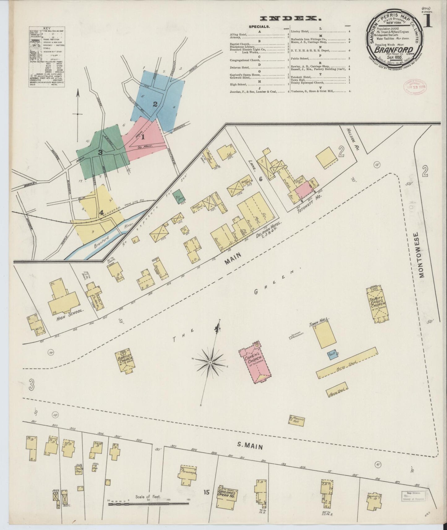 Sanborn Fire Insurance Map from Branford, New Haven County, Connecticut (1895), Sheet #0001 - Historic Sanborn Fire Insurance Map Print, vintage old map wall art, antique decor, genealogy gift, Connecticut Connecticut map