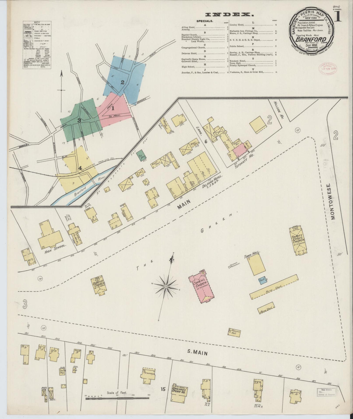 Sanborn Fire Insurance Map from Branford, New Haven County, Connecticut (1895), Sheet #0001 - Historic Sanborn Fire Insurance Map Print, vintage old map wall art, antique decor, genealogy gift, Connecticut Connecticut map