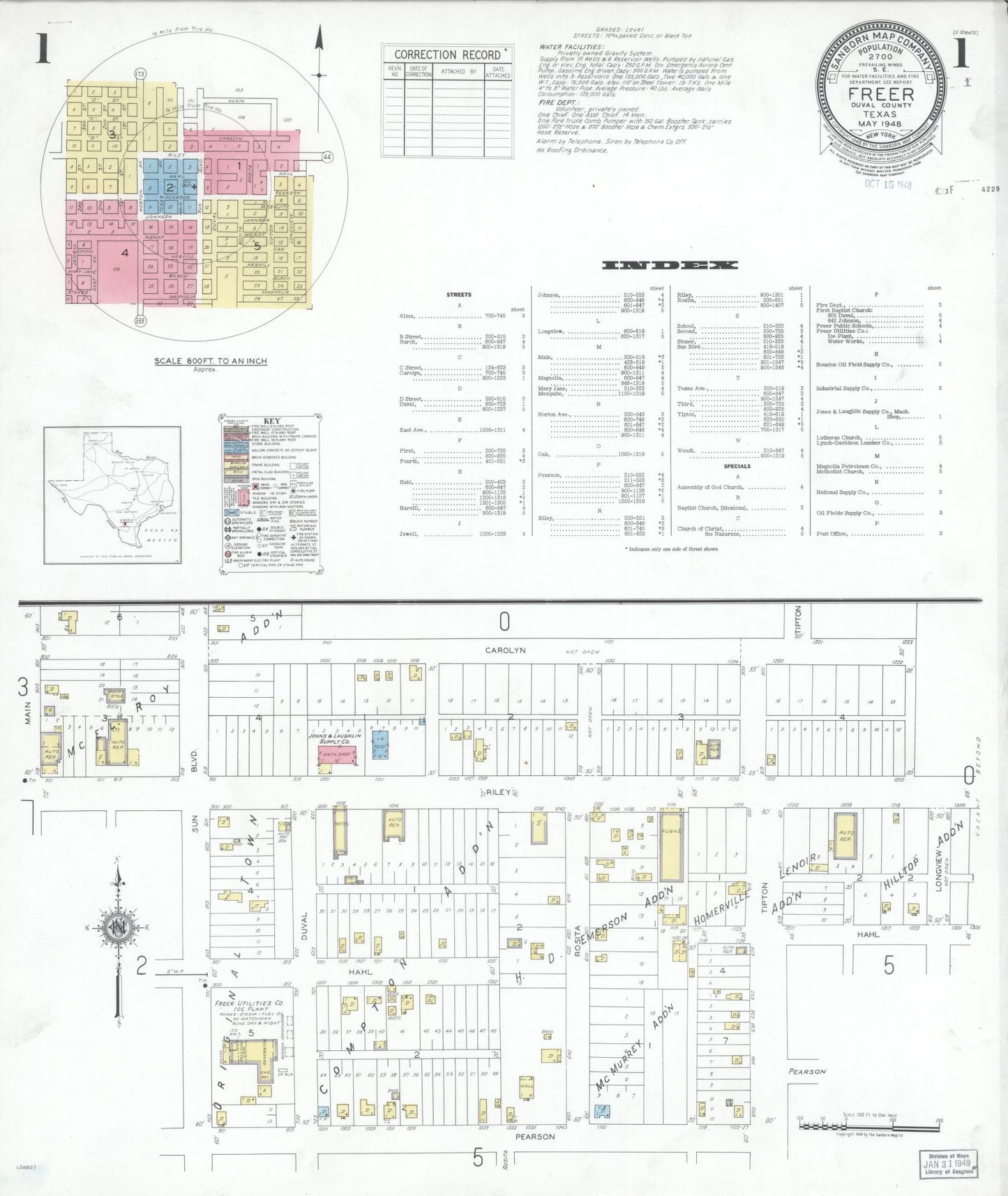 Sanborn Fire Insurance Map from Freer, Duval County, Texas (1948), Sheet #0001 - Complete Map Set gallery image, historic Sanborn map, vintage wall art, Texas Texas