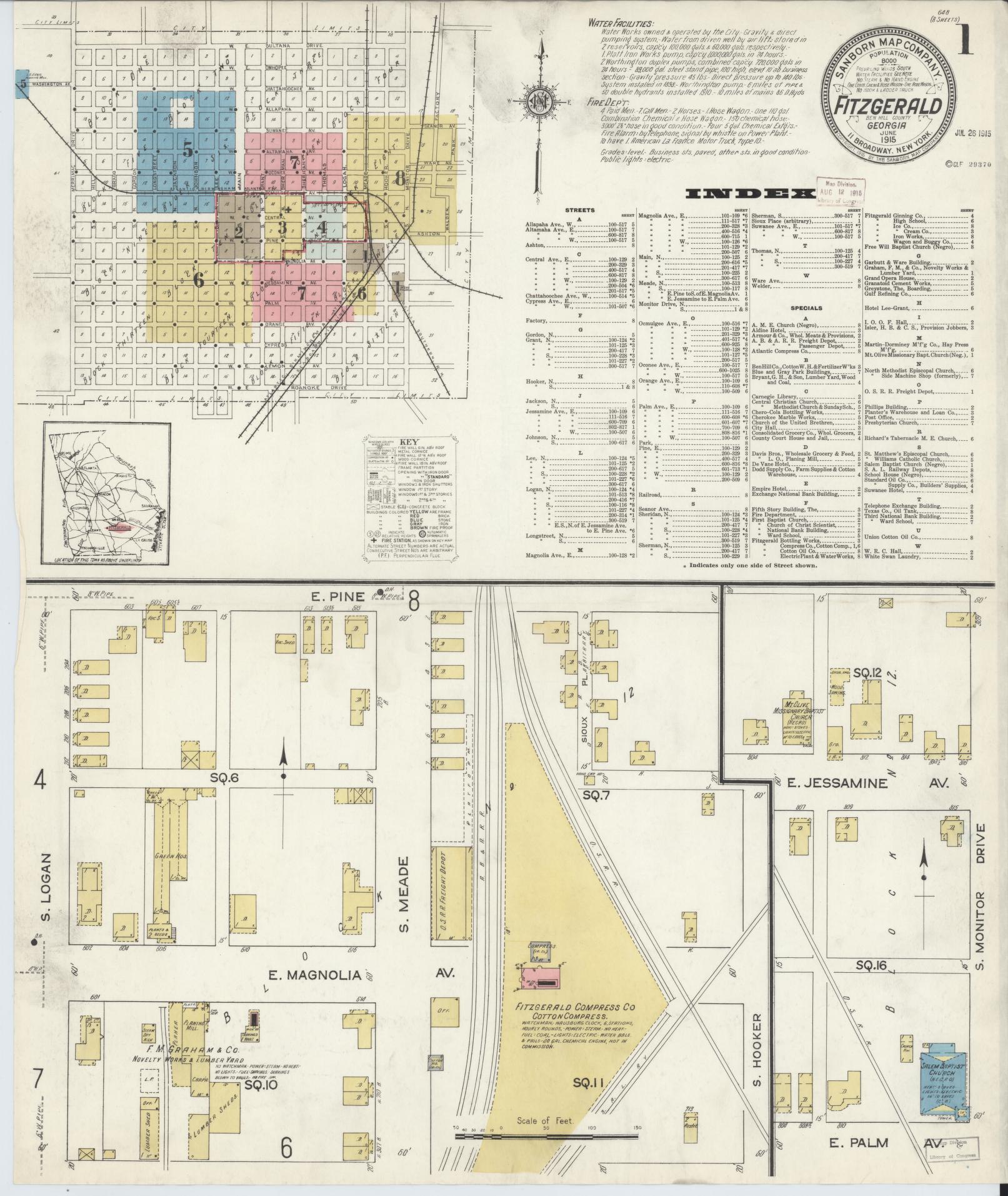 Sanborn Fire Insurance Map from Fitzgerald, Ben Hill County, Georgia (1915), Sheet #0001 - Historic Sanborn Fire Insurance Map Print, vintage old map wall art, antique decor, genealogy gift, Georgia Georgia map
