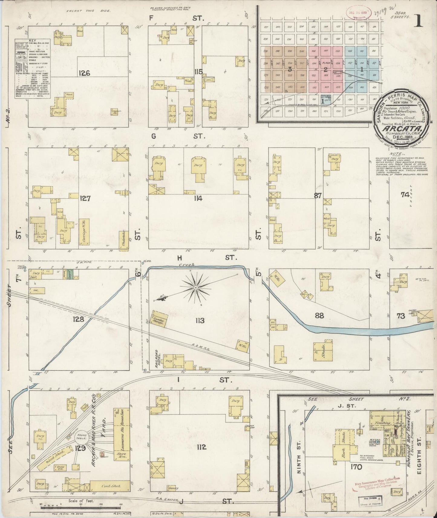 Sanborn Fire Insurance Map from Arcata, Humboldt County, California (1889), Sheet #0001 - Historic Sanborn Fire Insurance Map Print, vintage old map wall art, antique decor, genealogy gift, California California map