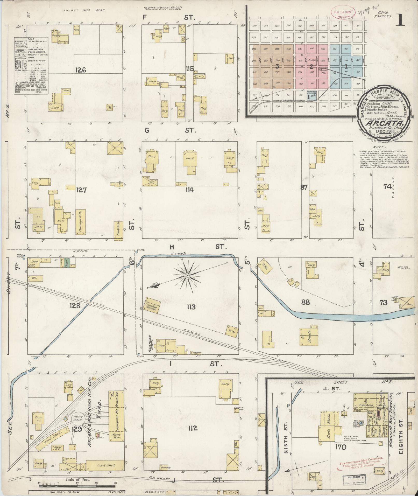 Sanborn Fire Insurance Map from Arcata, Humboldt County, California (1889), Sheet #0001 - Historic Sanborn Fire Insurance Map Print, vintage old map wall art, antique decor, genealogy gift, California California map