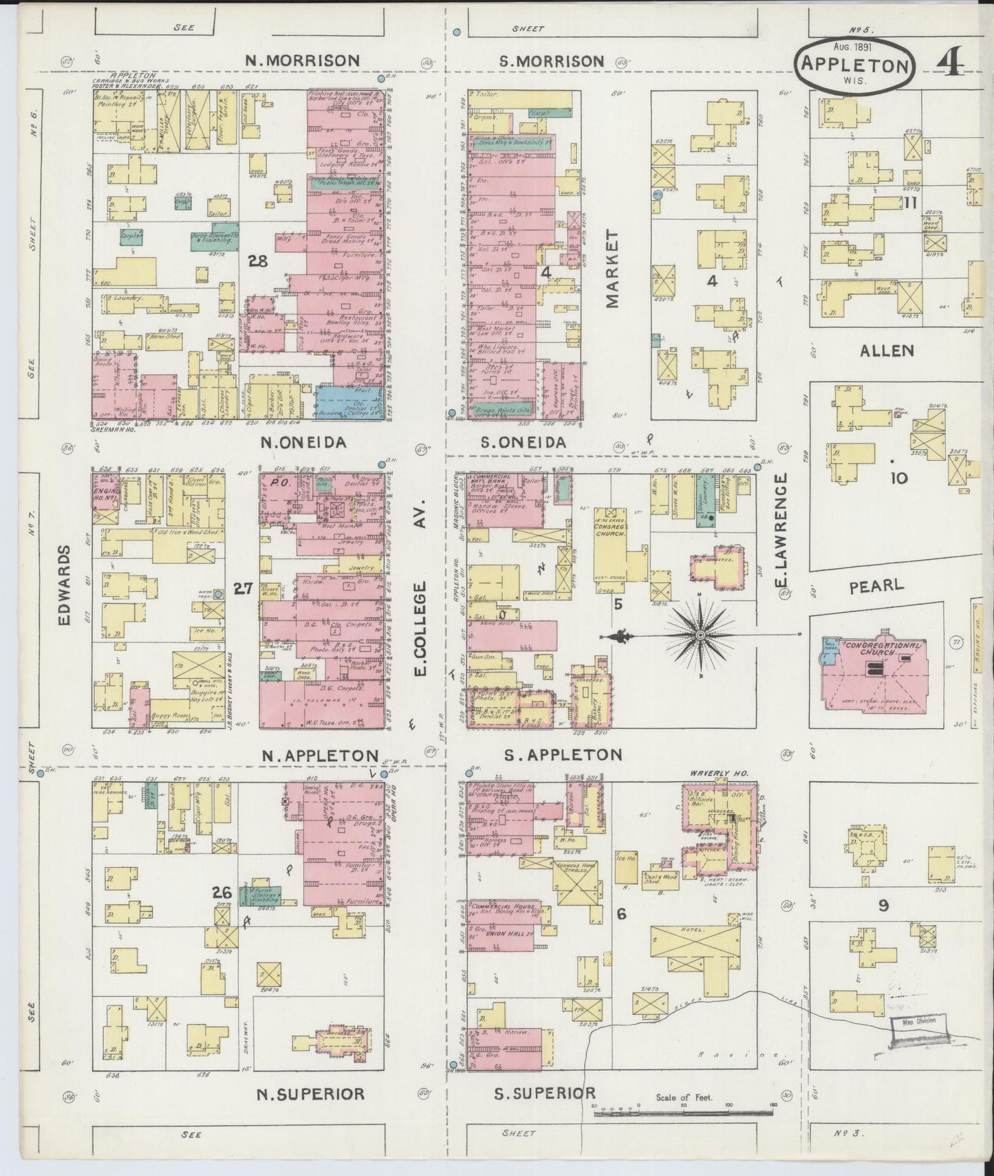Sanborn Fire Insurance Map from Appleton, Outagamie County, Wisconsin (1891), Sheet #0004 - Complete Map Set gallery image, historic Sanborn map, vintage wall art, Wisconsin Wisconsin