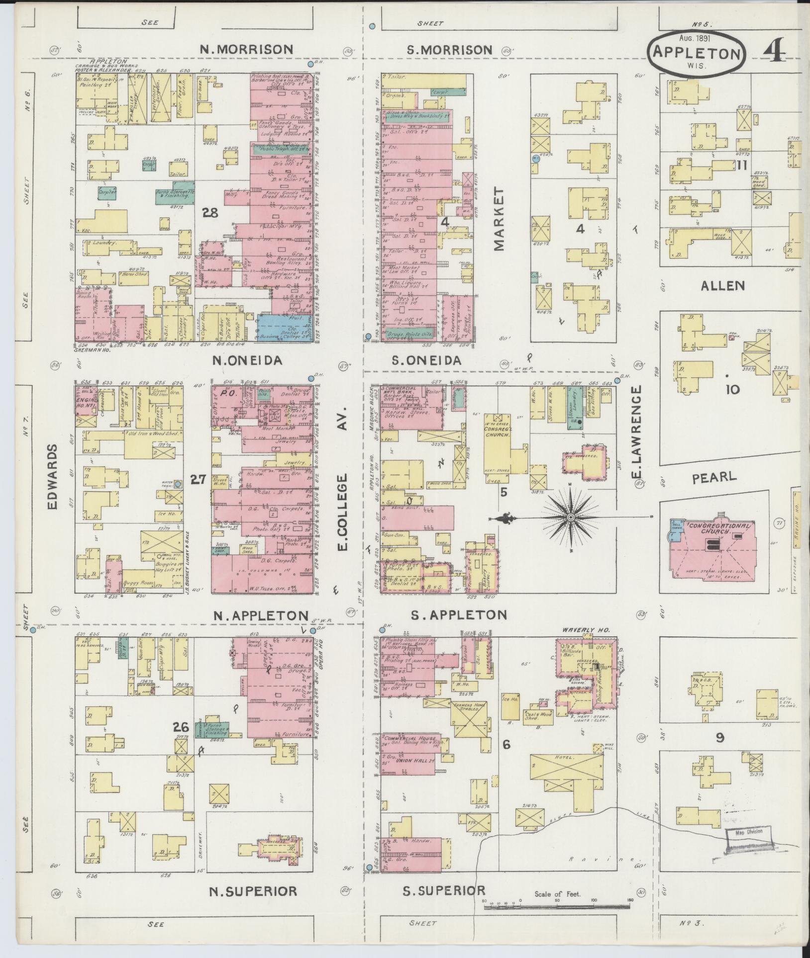 Sanborn Fire Insurance Map from Appleton, Outagamie County, Wisconsin (1891), Sheet #0004 - Complete Map Set gallery image, historic Sanborn map, vintage wall art, Wisconsin Wisconsin