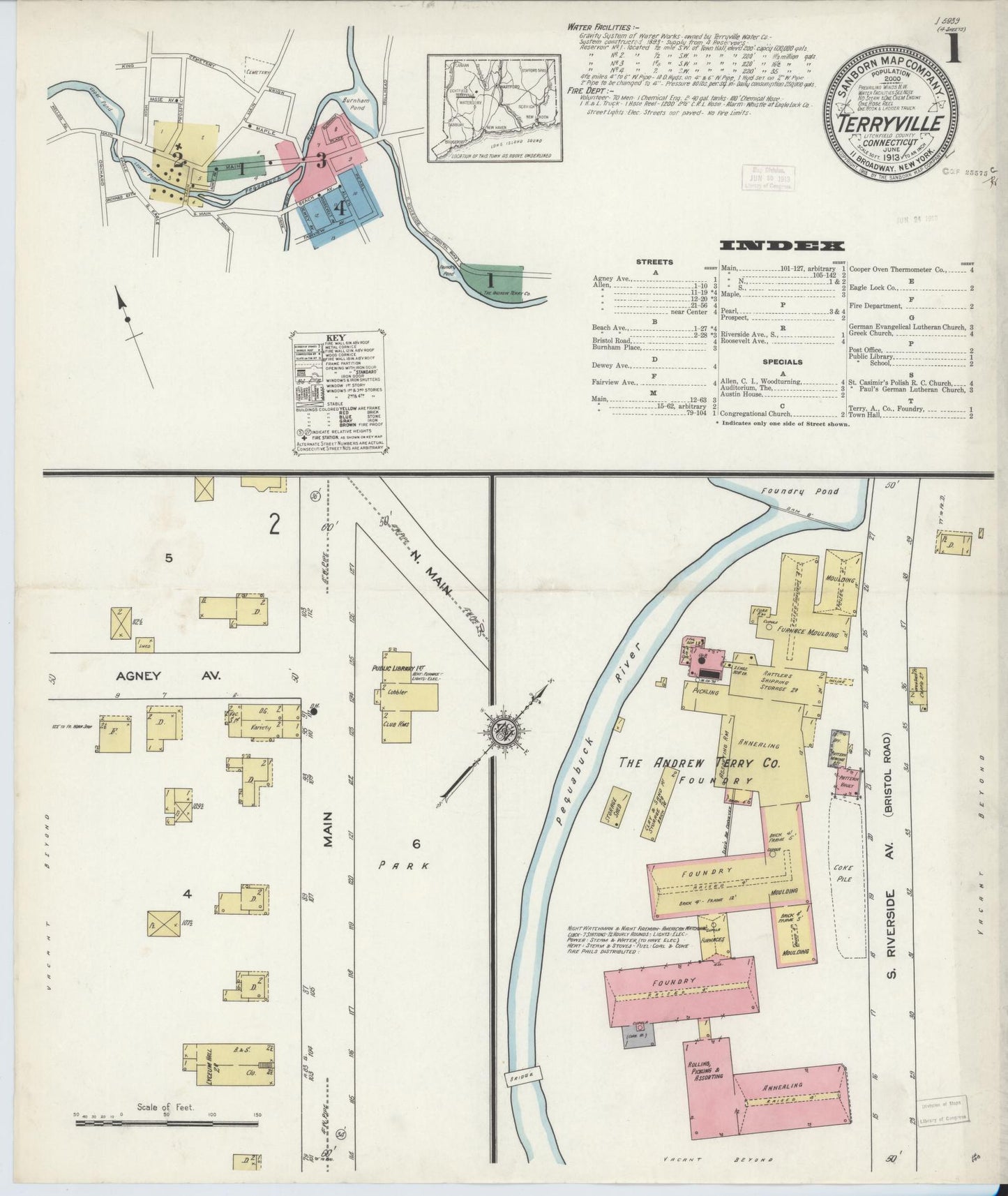Sanborn Fire Insurance Map from Terryville, Litchfield County, Connecticut (1913), Sheet #0001 - Complete Map Set gallery image, historic Sanborn map, vintage wall art, Connecticut Connecticut