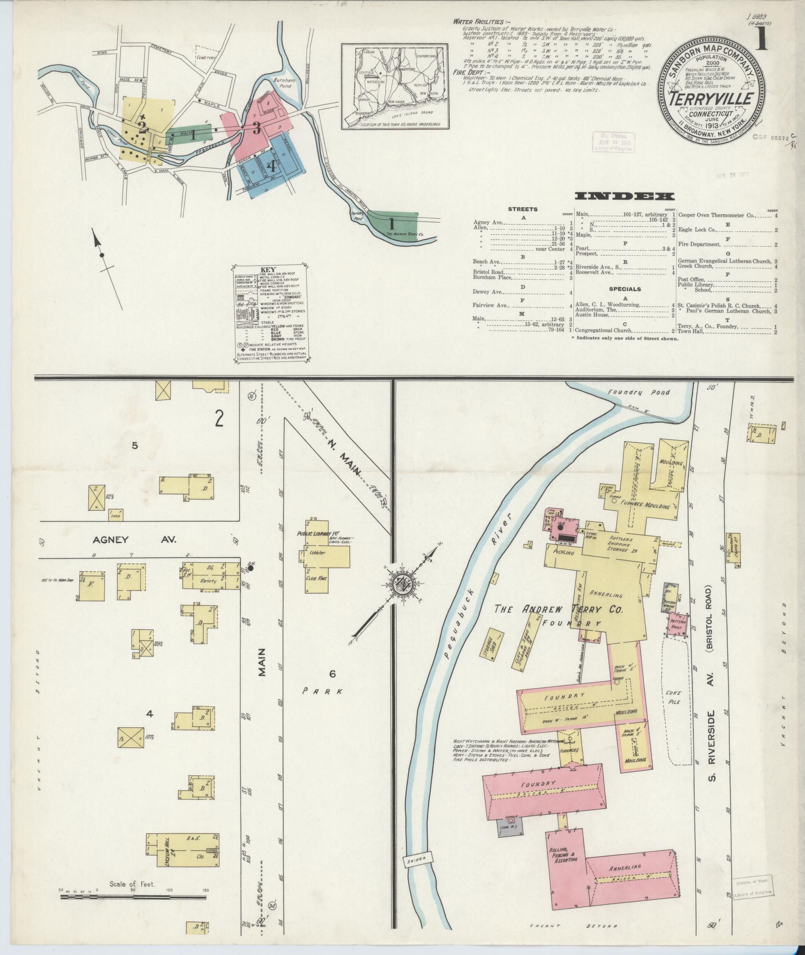 Sanborn Fire Insurance Map from Terryville, Litchfield County, Connecticut (1913), Sheet #0001 - Complete Map Set gallery image, historic Sanborn map, vintage wall art, Connecticut Connecticut