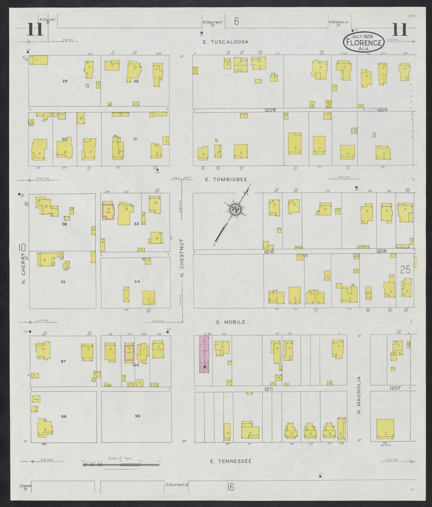 Sanborn Fire Insurance Map from Florence, Lauderdale County, Alabama (1928), Sheet #0011 - Historic Sanborn Fire Insurance Map Print, vintage old map wall art, antique decor, genealogy gift, Alabama Alabama map