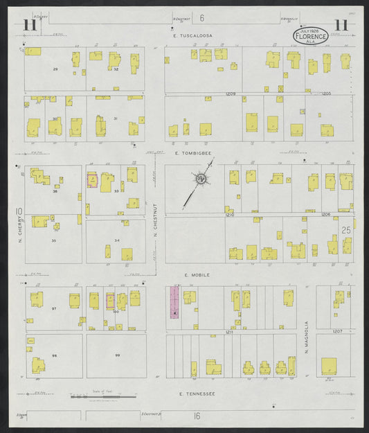 Sanborn Fire Insurance Map from Florence, Lauderdale County, Alabama (1928), Sheet #0011 - Historic Sanborn Fire Insurance Map Print, vintage old map wall art, antique decor, genealogy gift, Alabama Alabama map