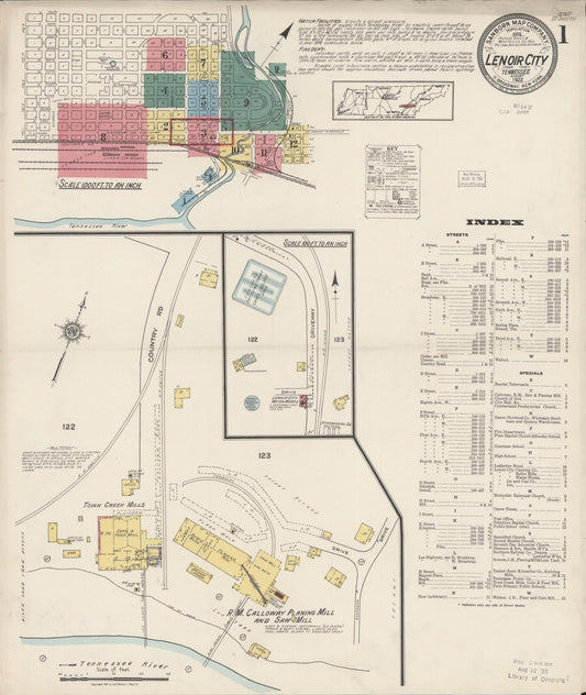 Sanborn Fire Insurance Map from Lenoir City, Loudon County, Tennessee (1922), Sheet #0001 - Historic Sanborn Fire Insurance Map Print, vintage old map wall art, antique decor, genealogy gift, Tennessee Tennessee map