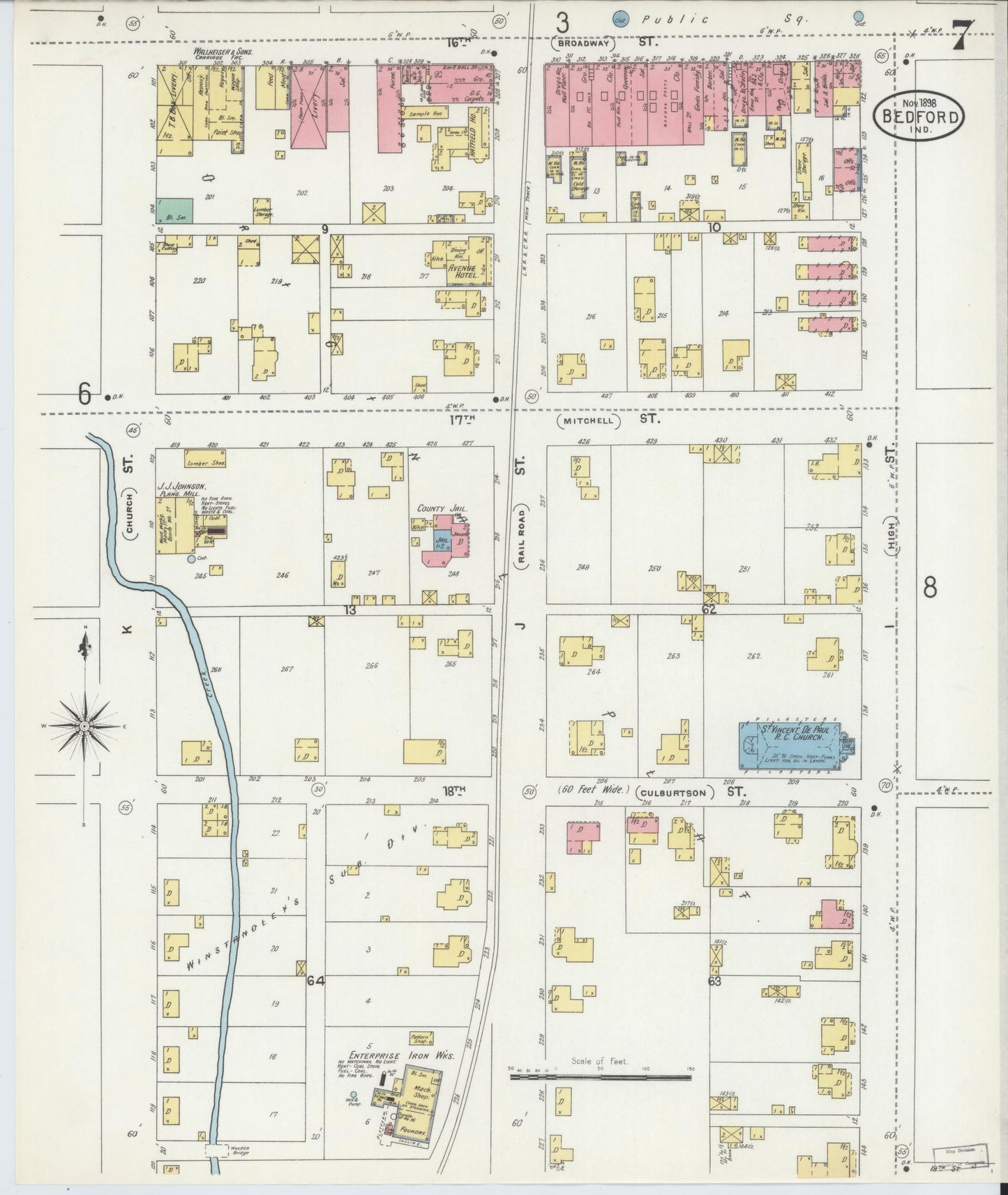 Sanborn Fire Insurance Map from Bedford, Lawrence County, Indiana (1898), Sheet #0007 - Complete Map Set gallery image, historic Sanborn map, vintage wall art, Indiana Indiana