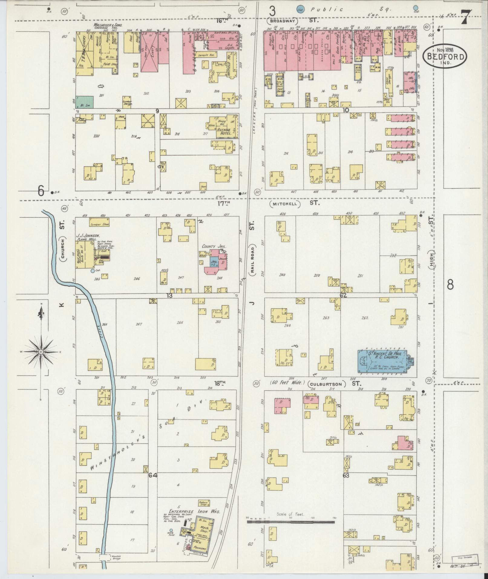 Sanborn Fire Insurance Map from Bedford, Lawrence County, Indiana (1898), Sheet #0007 - Complete Map Set gallery image, historic Sanborn map, vintage wall art, Indiana Indiana