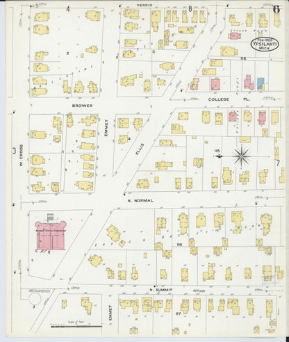 Sanborn Fire Insurance Map from Ypsilanti, Washtenaw County, Michigan (1909), Sheet #0006 - Historic Sanborn Fire Insurance Map Print, vintage old map wall art, antique decor, genealogy gift, Michigan Michigan map
