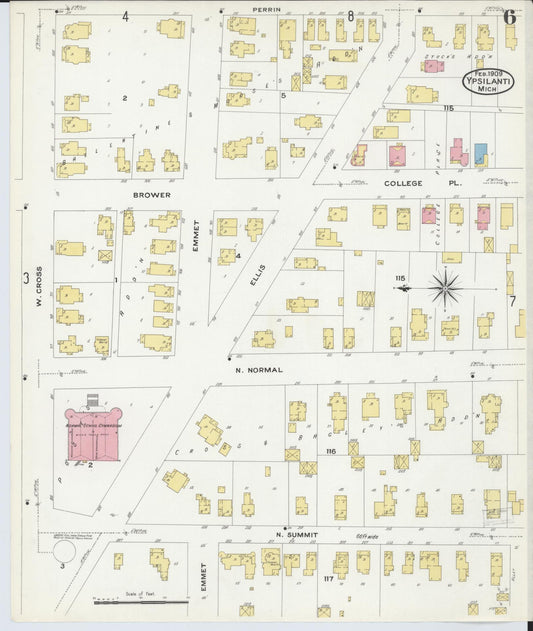 Sanborn Fire Insurance Map from Ypsilanti, Washtenaw County, Michigan (1909), Sheet #0006 - Historic Sanborn Fire Insurance Map Print, vintage old map wall art, antique decor, genealogy gift, Michigan Michigan map