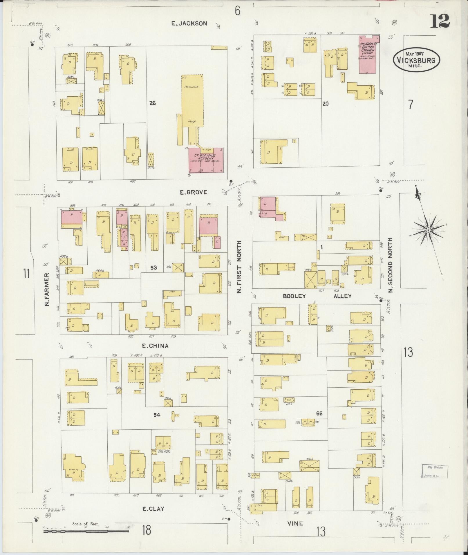 Sanborn Fire Insurance Map from Vicksburg, Warren County, Mississippi (1907), Sheet #0012 - Historic Sanborn Fire Insurance Map Print, vintage old map wall art, antique decor, genealogy gift, Mississippi Mississippi map