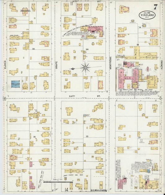 Sanborn Fire Insurance Map from Vineland, Cumberland County, New Jersey (1906), Sheet #0007 - Historic Sanborn Fire Insurance Map Print, vintage old map wall art, antique decor, genealogy gift, New Jersey New Jersey map
