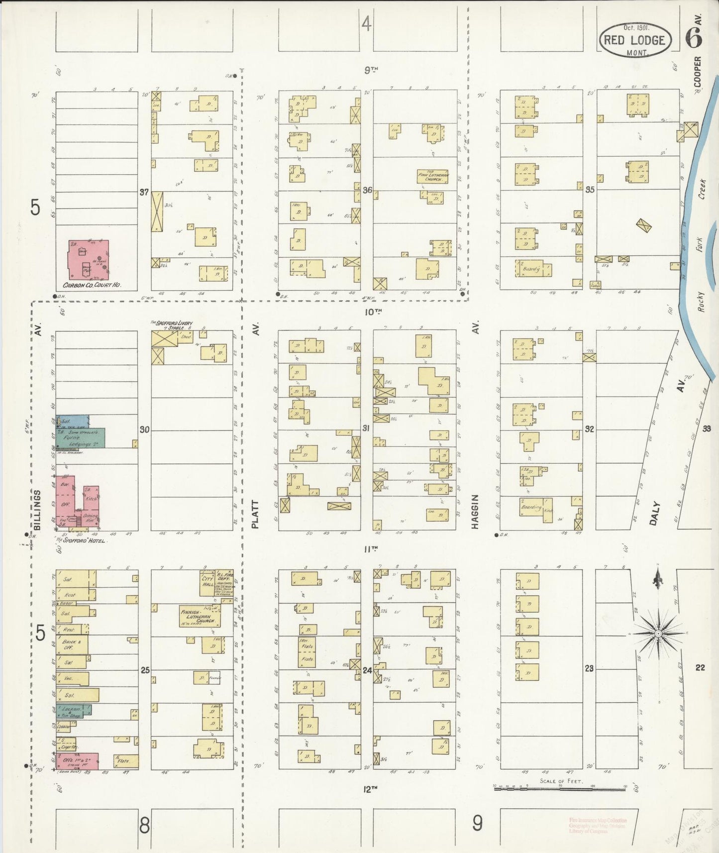Sanborn Fire Insurance Map from Red Lodge, Carbon County, Montana (1901), Sheet #0006 - Historic Sanborn Fire Insurance Map Print, vintage old map wall art, antique decor, genealogy gift, Montana Montana map
