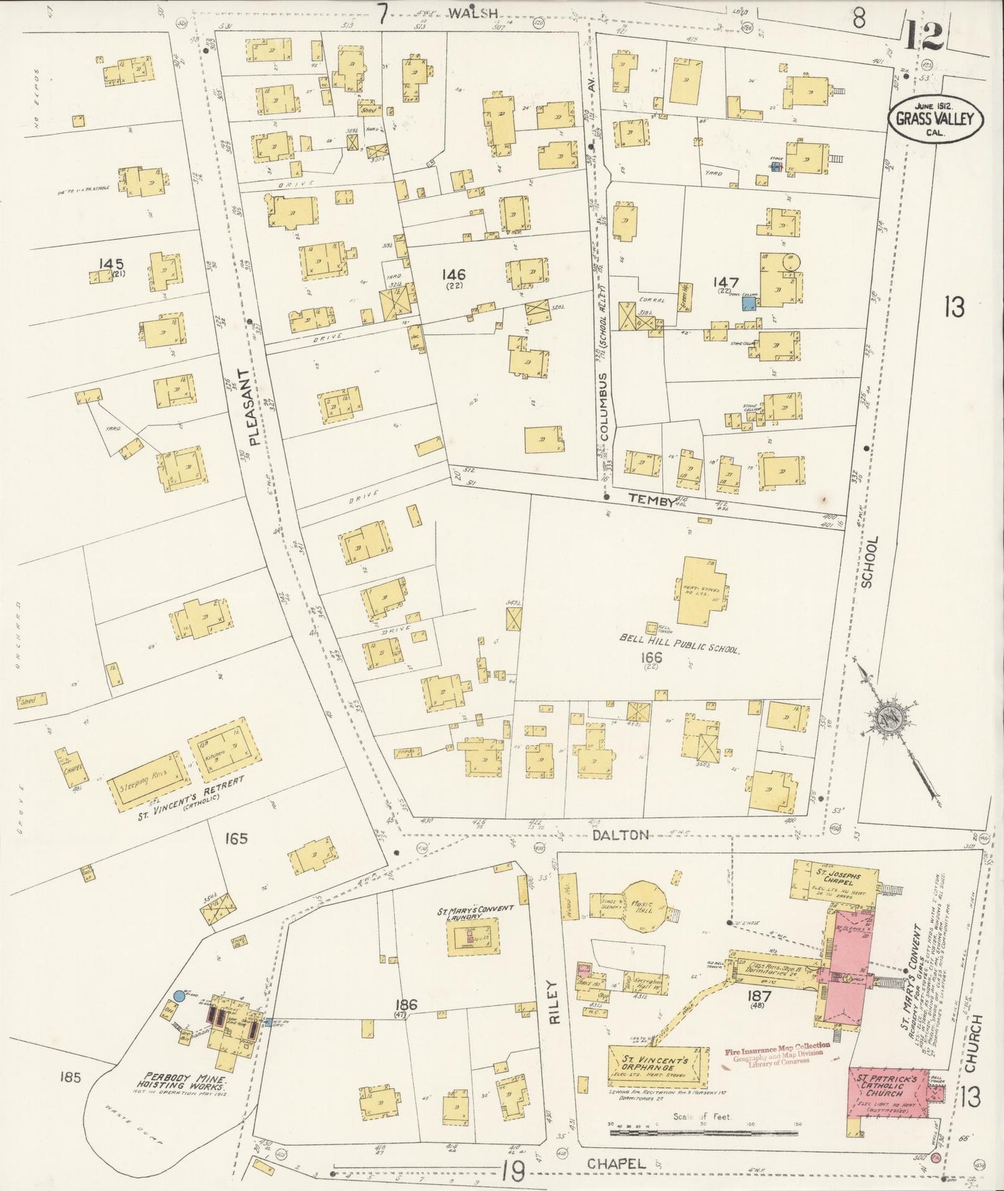 Sanborn Fire Insurance Map from Grass Valley, Nevada County, California (1912), Sheet #0012 - Historic Sanborn Fire Insurance Map Print, vintage old map wall art, antique decor, genealogy gift, California California map