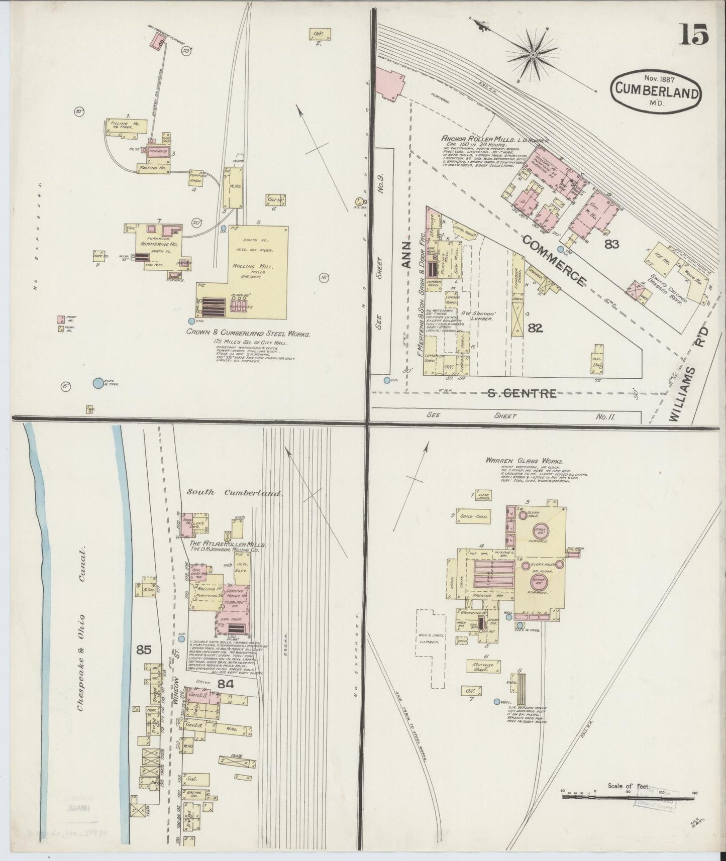 Sanborn Fire Insurance Map from Cumberland, Allegany County, Maryland (1887), Sheet #0015 - Historic Sanborn Fire Insurance Map Print, vintage old map wall art, antique decor, genealogy gift, Maryland Maryland map