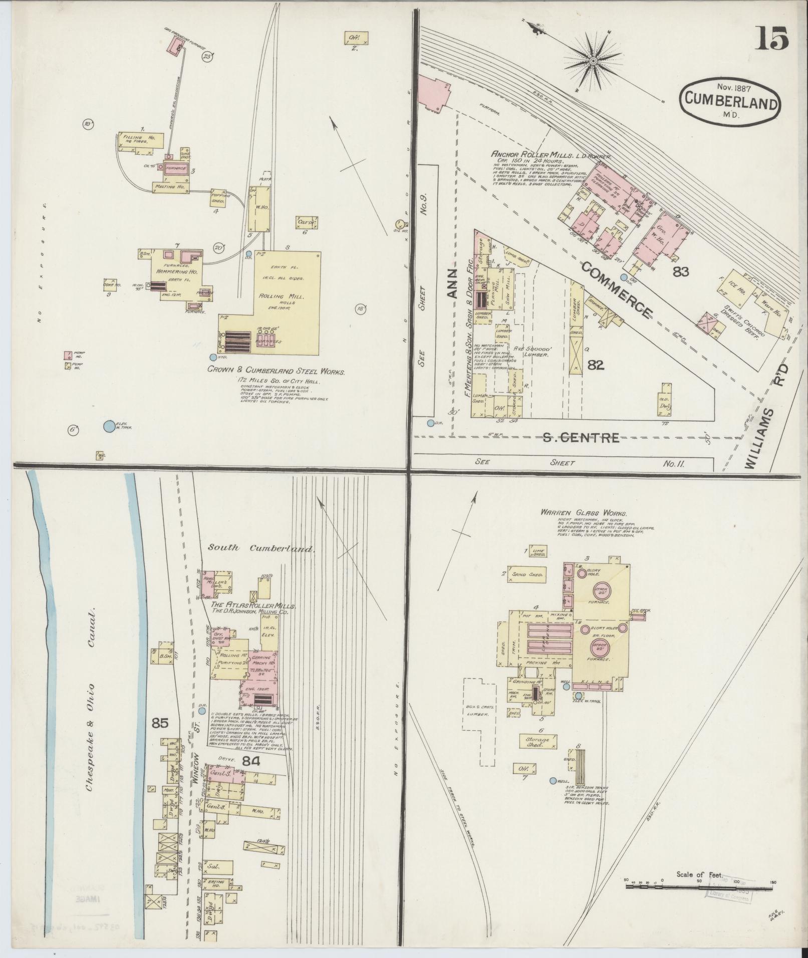 Sanborn Fire Insurance Map from Cumberland, Allegany County, Maryland (1887), Sheet #0015 - Historic Sanborn Fire Insurance Map Print, vintage old map wall art, antique decor, genealogy gift, Maryland Maryland map
