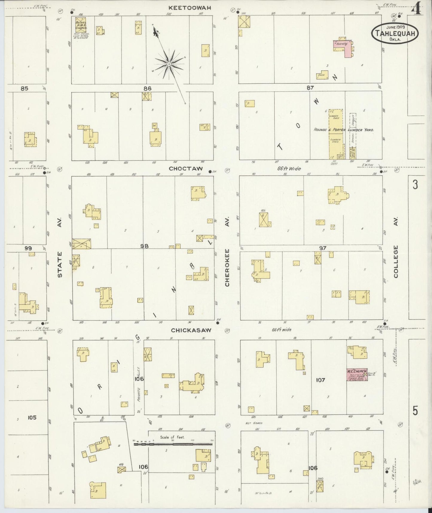 Sanborn Fire Insurance Map from Tahlequah, Cherokee County, Oklahoma (1909), Sheet #0004 - Complete Map Set gallery image, historic Sanborn map, vintage wall art, Oklahoma Oklahoma