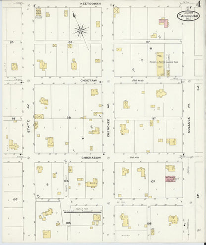 Sanborn Fire Insurance Map from Tahlequah, Cherokee County, Oklahoma (1909), Sheet #0004 - Complete Map Set gallery image, historic Sanborn map, vintage wall art, Oklahoma Oklahoma