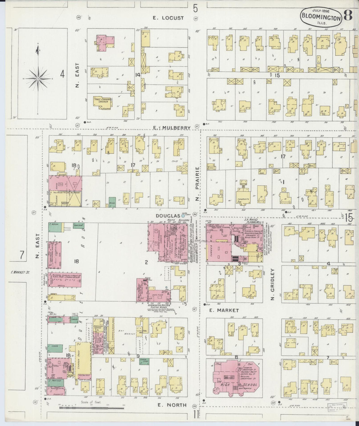 Sanborn Fire Insurance Map from Bloomington, McLean County, Illinois (1896), Sheet #0008 - Historic Sanborn Fire Insurance Map Print, vintage old map wall art, antique decor, genealogy gift, Illinois Illinois map