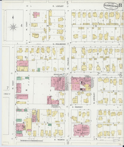 Sanborn Fire Insurance Map from Bloomington, McLean County, Illinois (1896), Sheet #0008 - Historic Sanborn Fire Insurance Map Print, vintage old map wall art, antique decor, genealogy gift, Illinois Illinois map