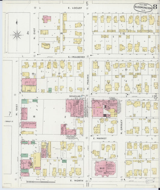 Sanborn Fire Insurance Map from Bloomington, McLean County, Illinois (1896), Sheet #0008 - Historic Sanborn Fire Insurance Map Print, vintage old map wall art, antique decor, genealogy gift, Illinois Illinois map