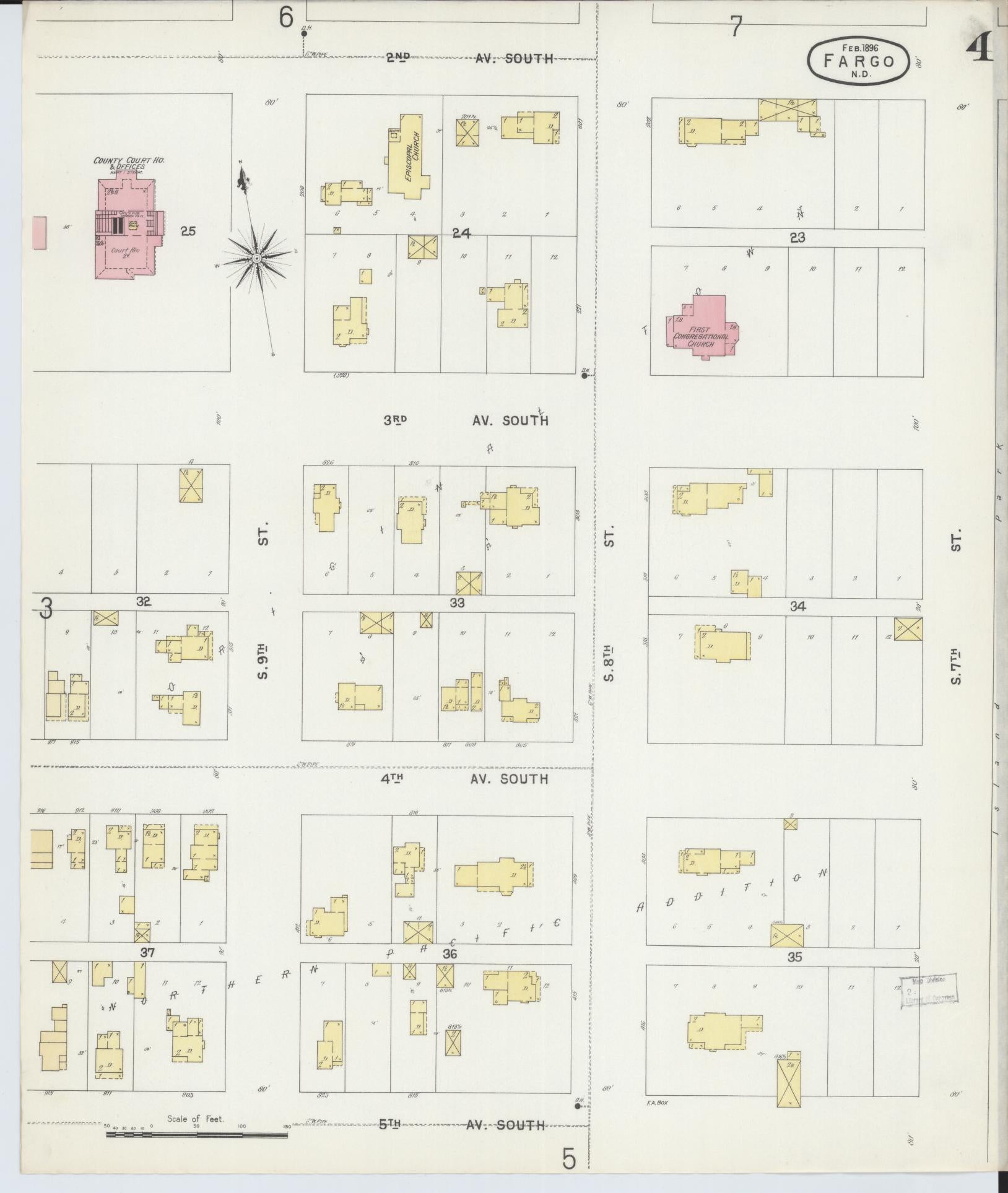 Sanborn Fire Insurance Map from Fargo, Cass County, North Dakota (1896), Sheet #0004 - Historic Sanborn Fire Insurance Map Print, vintage old map wall art, antique decor, genealogy gift, North Dakota North Dakota map
