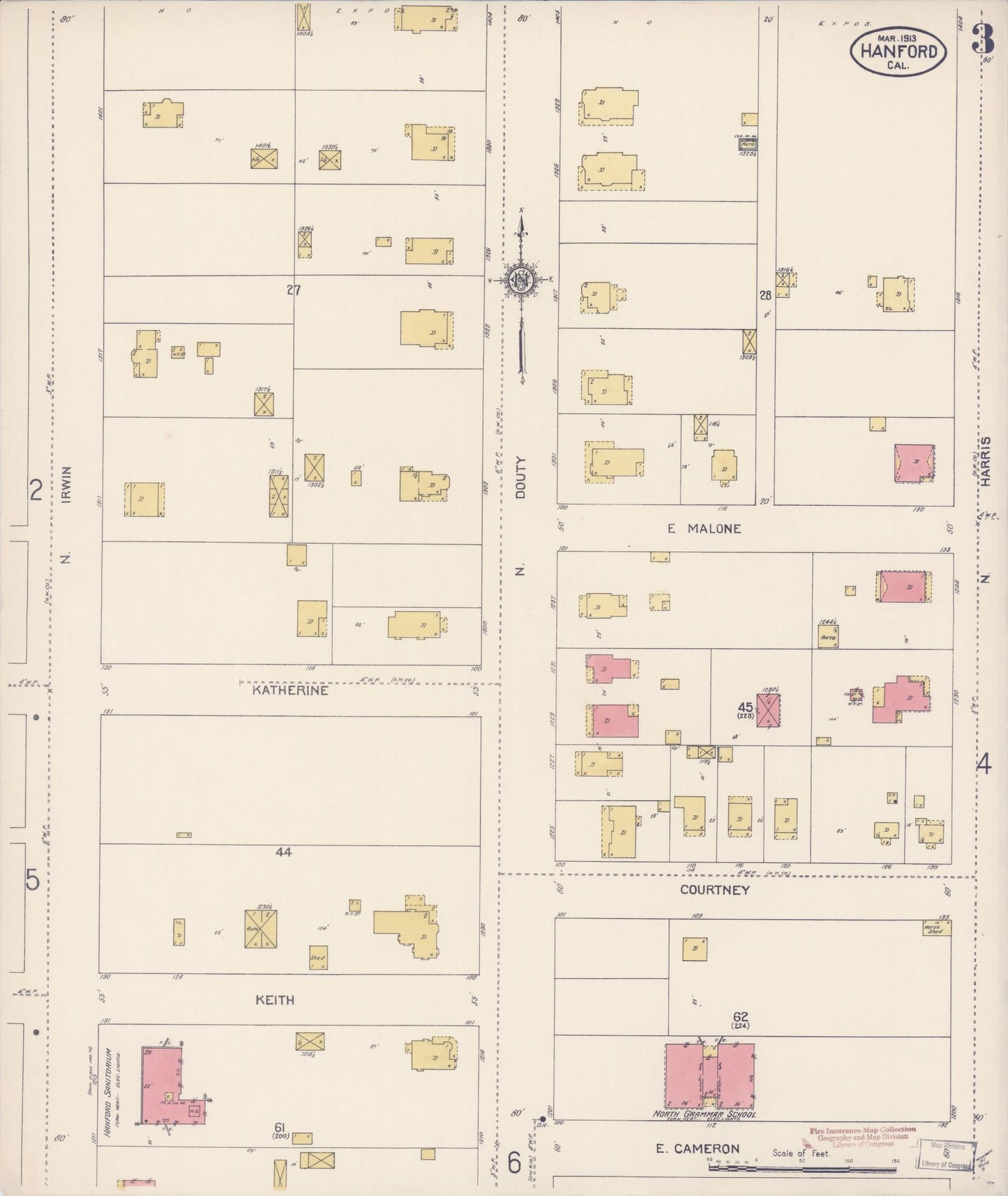 Sanborn Fire Insurance Map from Hanford, Kings County, California (1913), Sheet #0003 - Historic Sanborn Fire Insurance Map Print, vintage old map wall art, antique decor, genealogy gift, California California map