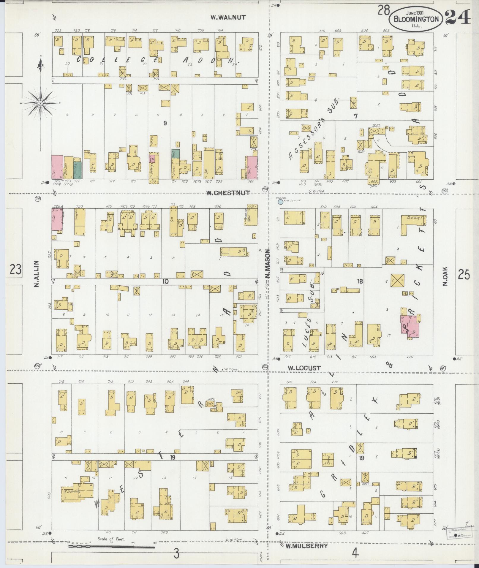 Sanborn Fire Insurance Map from Bloomington, McLean County, Illinois (1901), Sheet #0024 - Historic Sanborn Fire Insurance Map Print, vintage old map wall art, antique decor, genealogy gift, Illinois Illinois map