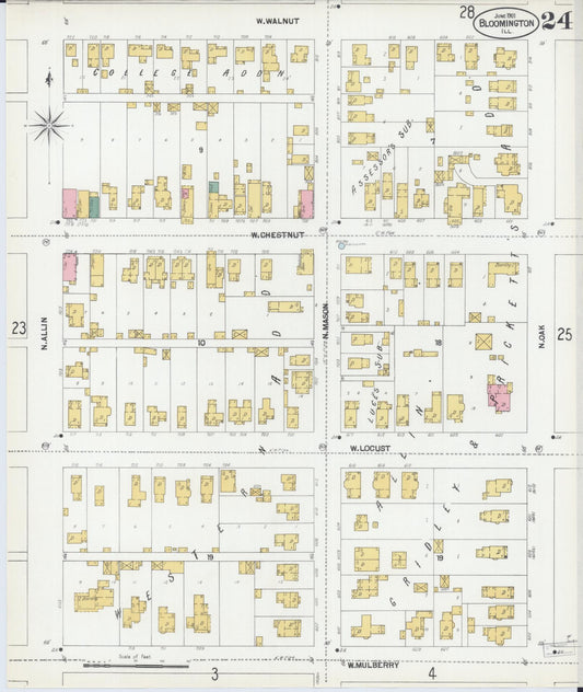 Sanborn Fire Insurance Map from Bloomington, McLean County, Illinois (1901), Sheet #0024 - Historic Sanborn Fire Insurance Map Print, vintage old map wall art, antique decor, genealogy gift, Illinois Illinois map