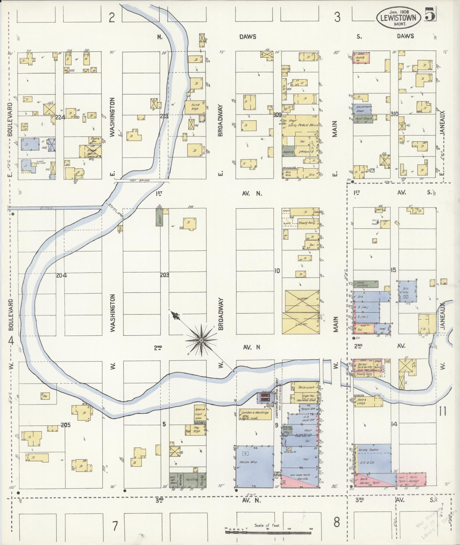Sanborn Fire Insurance Map from Lewistown, Fergus County, Montana (1908), Sheet #0005 - Historic Sanborn Fire Insurance Map Print, vintage old map wall art, antique decor, genealogy gift, Montana Montana map