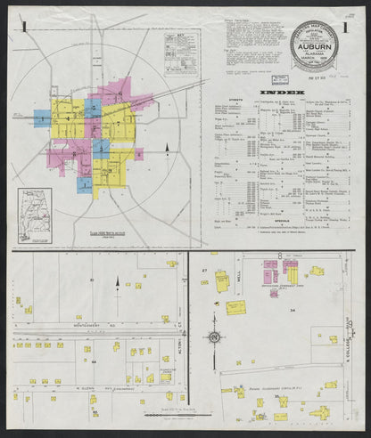 Sanborn Fire Insurance Map from Auburn, Lee County, Alabama (1928), Sheet #0001 - Complete Map Set gallery image, historic Sanborn map, vintage wall art, Alabama Alabama