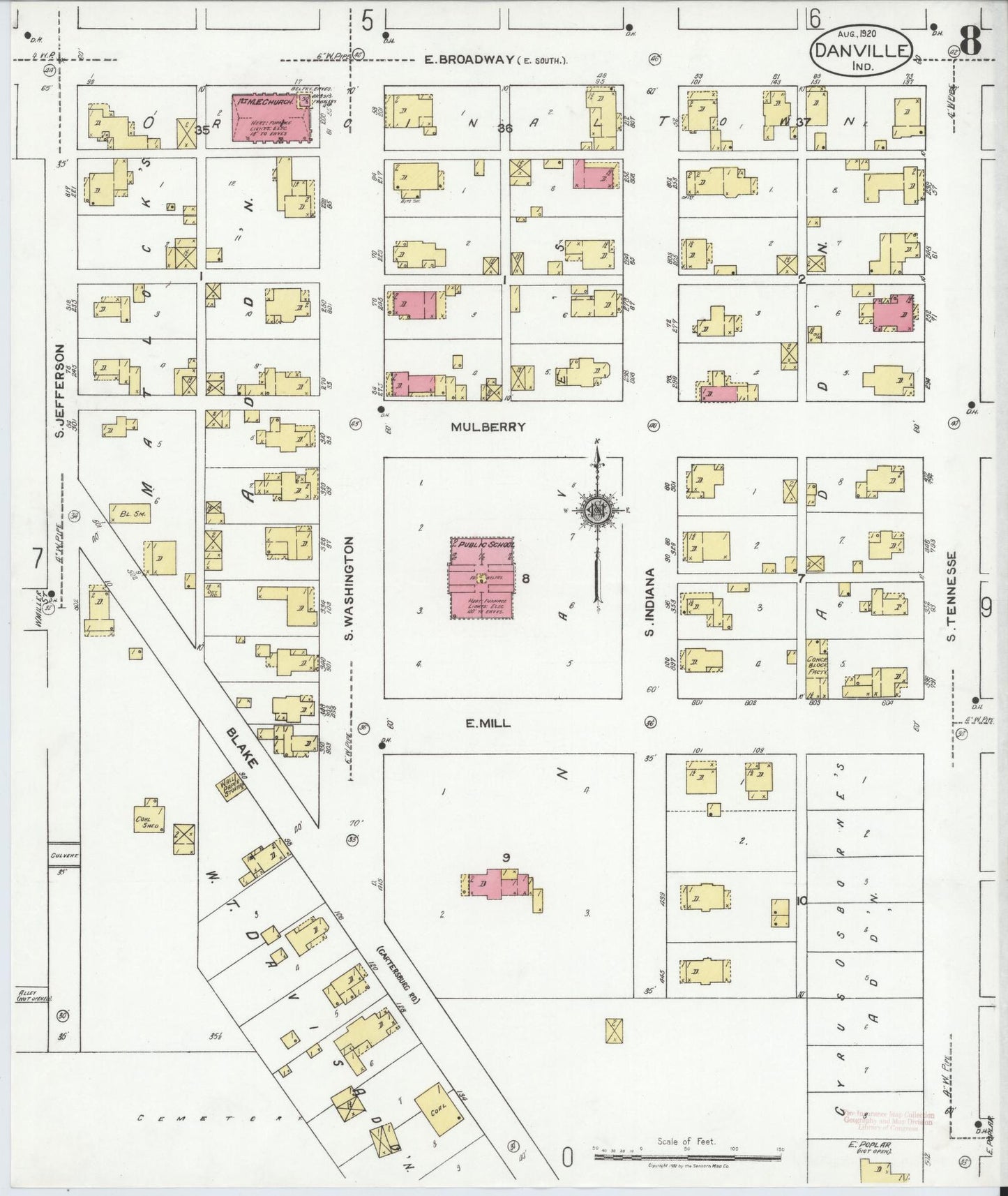 Sanborn Fire Insurance Map from Danville, Hendricks County, Indiana (1920), Sheet #0008 - Complete Map Set gallery image, historic Sanborn map, vintage wall art, Indiana Indiana