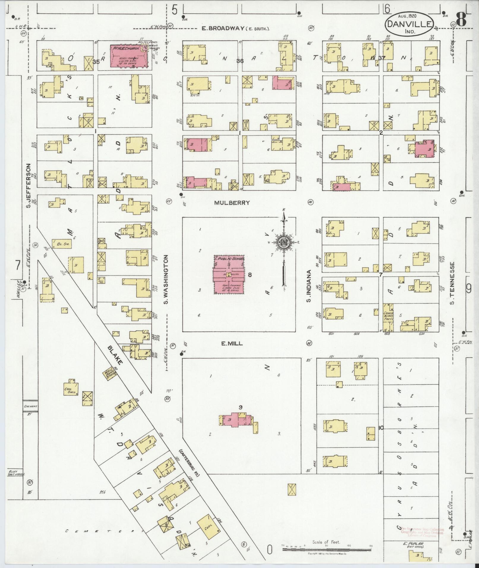 Sanborn Fire Insurance Map from Danville, Hendricks County, Indiana (1920), Sheet #0008 - Complete Map Set gallery image, historic Sanborn map, vintage wall art, Indiana Indiana