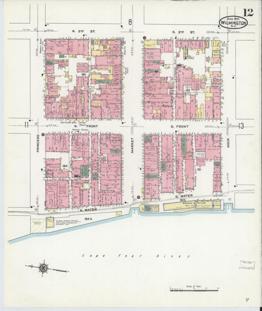 Sanborn Fire Insurance Map from Wilmington, New Hanover County, North Carolina (1910), Sheet #0012 - Historic Sanborn Fire Insurance Map Print, vintage old map wall art, antique decor, genealogy gift, North Carolina North Carolina map